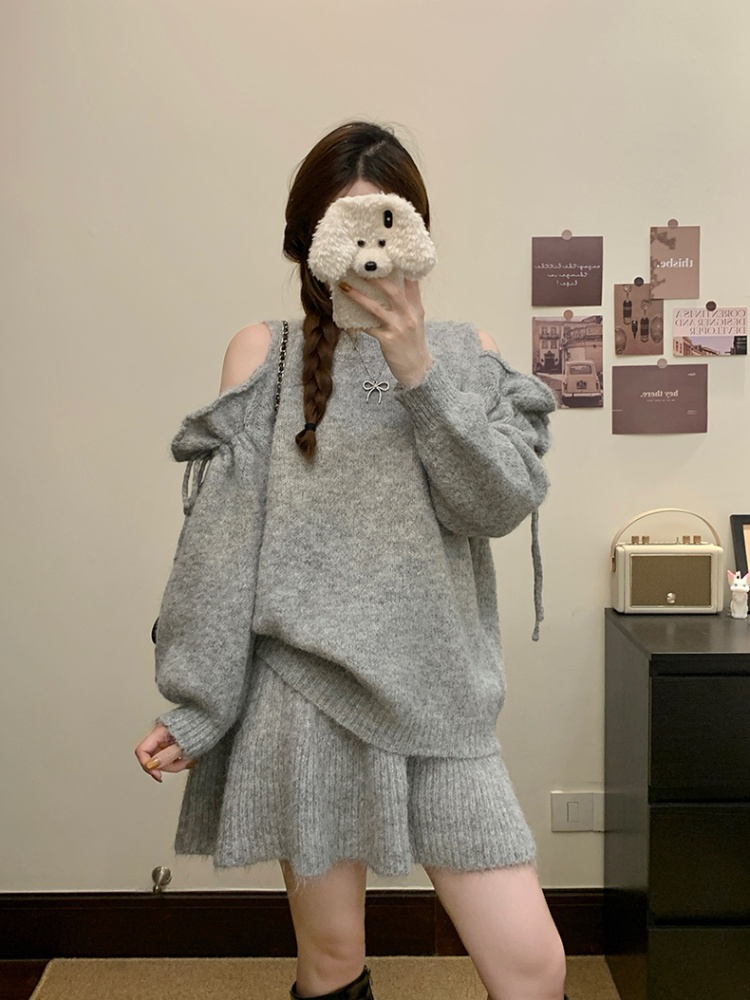Knitted lazy sweater strapless short skirt 2pcs set