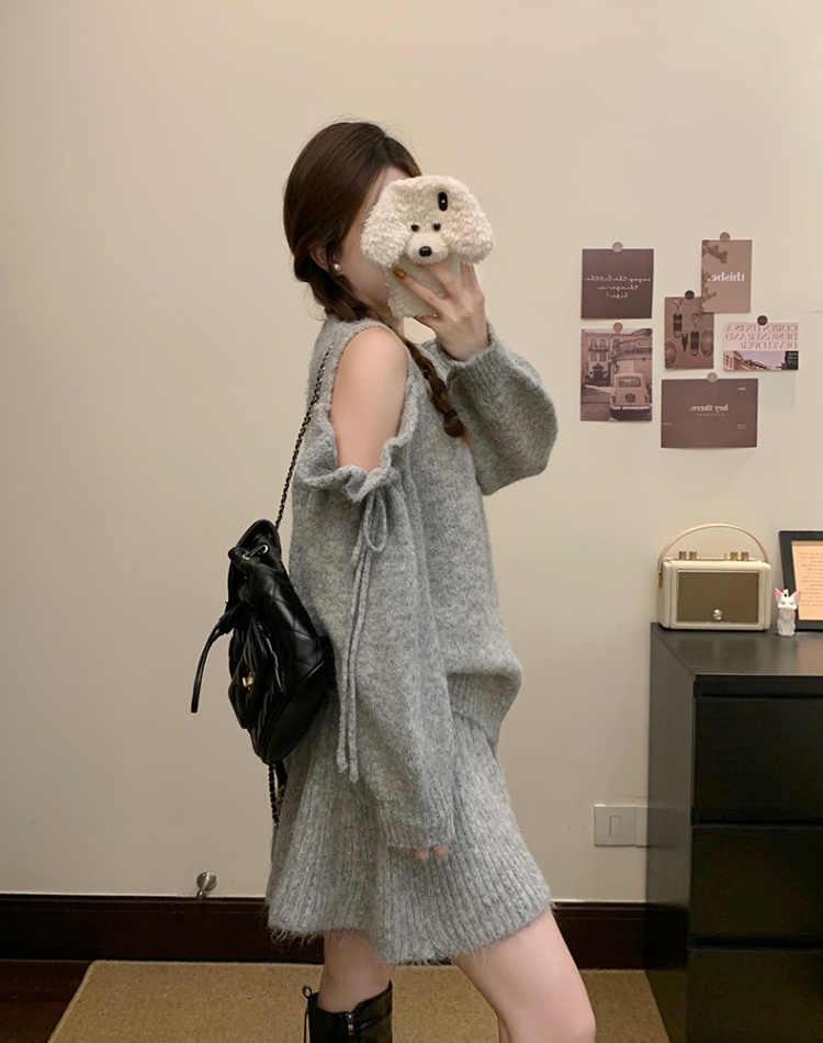 Knitted lazy sweater strapless short skirt 2pcs set