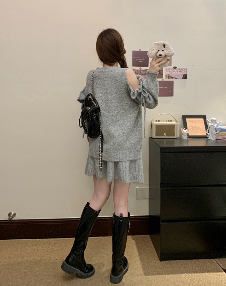 Knitted lazy sweater strapless short skirt 2pcs set