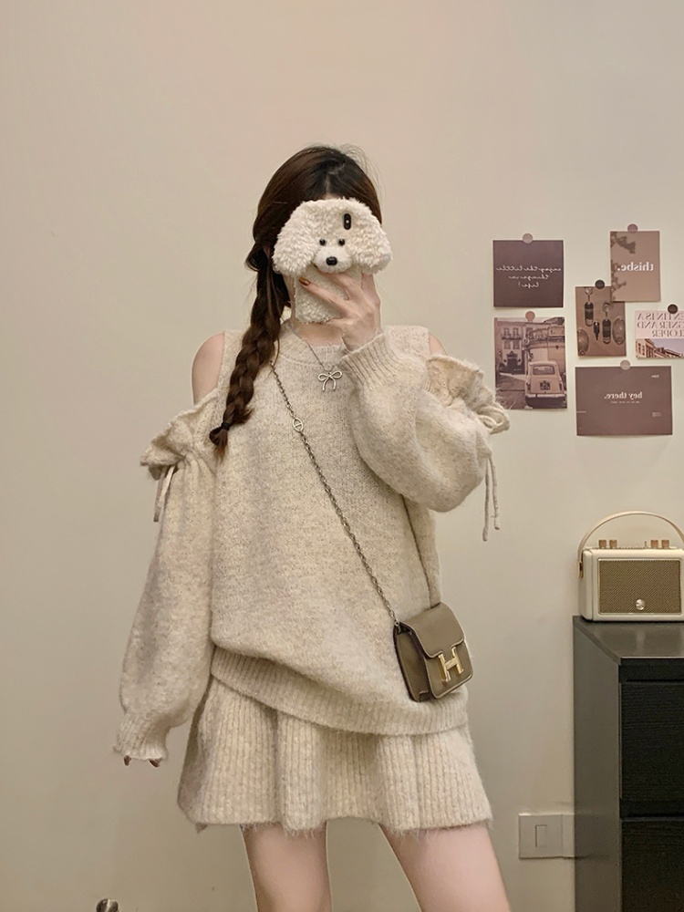 Knitted lazy sweater strapless short skirt 2pcs set