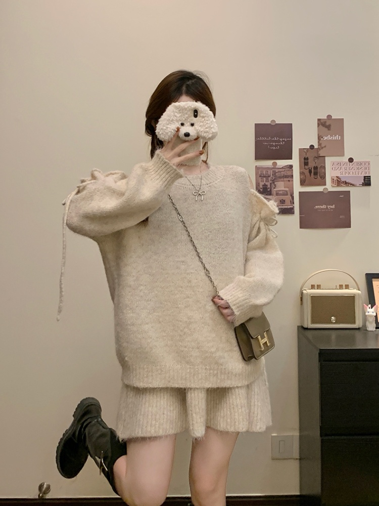 Knitted lazy sweater strapless short skirt 2pcs set
