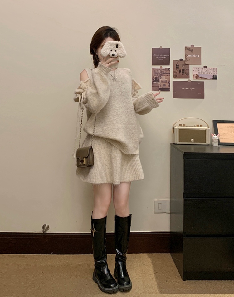 Knitted lazy sweater strapless short skirt 2pcs set