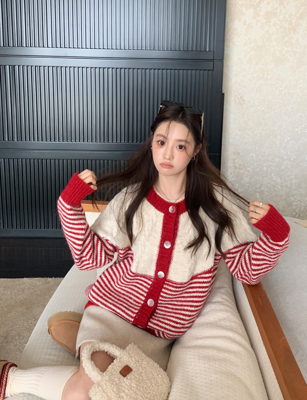 Fashion knitted cardigan stripe sweater for women