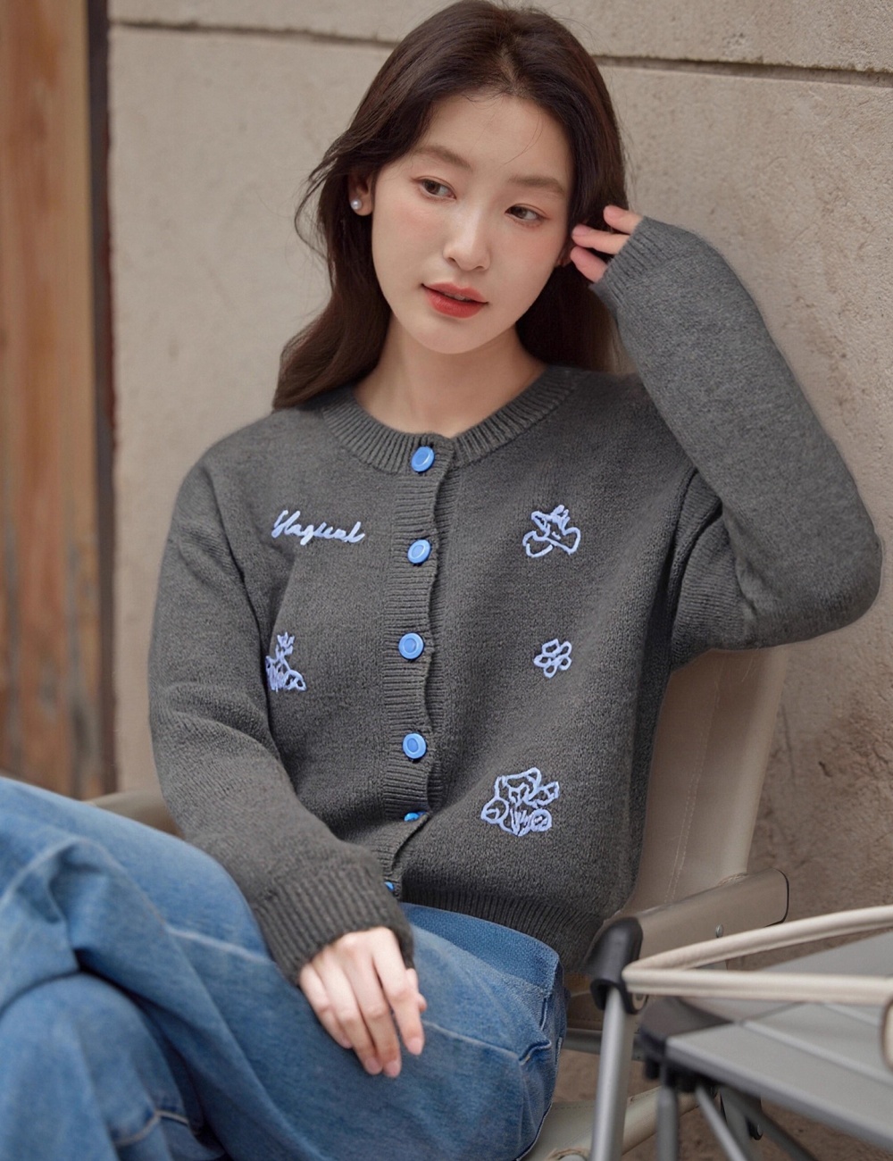 Embroidery gray coat knitted Korean style sweater for women