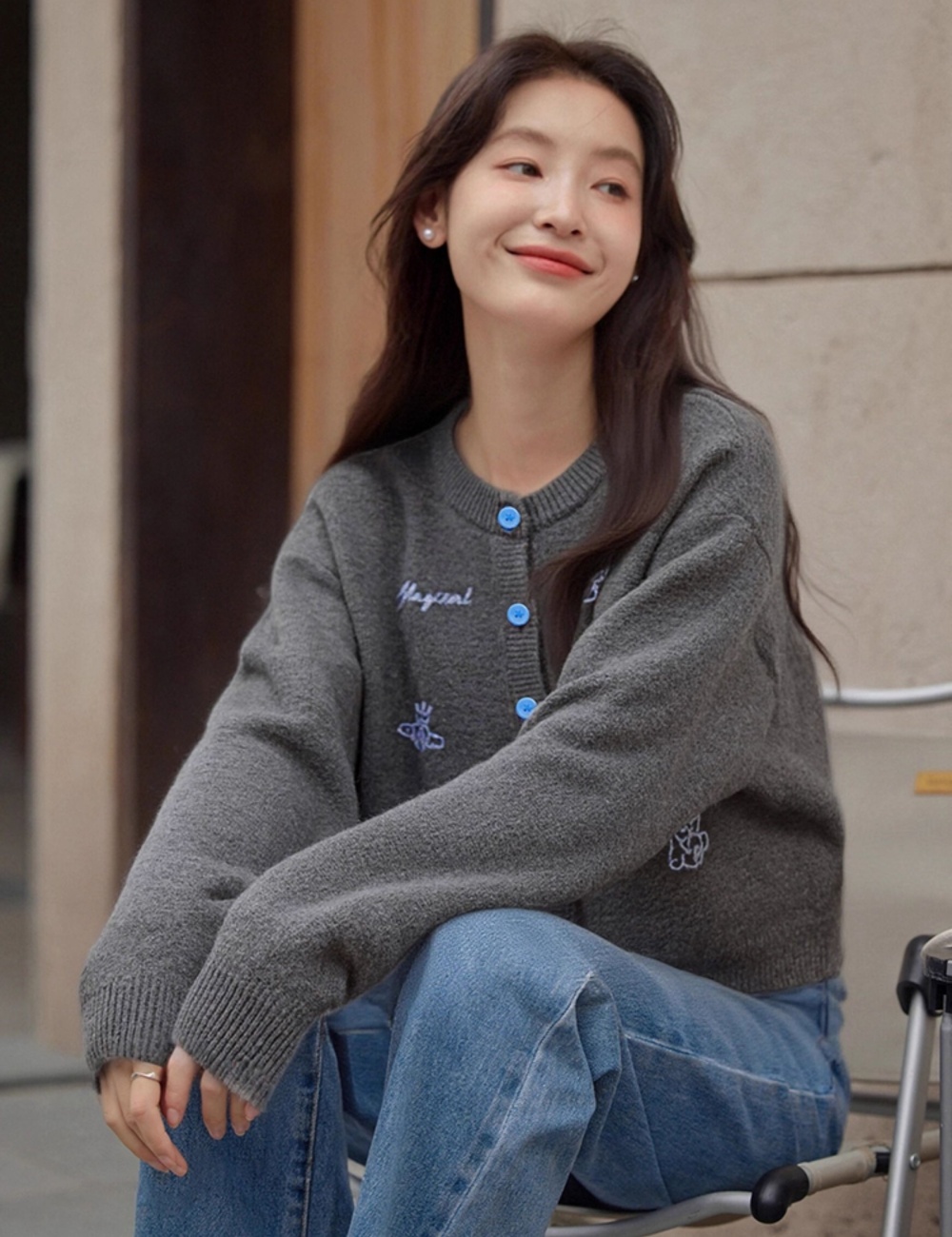 Embroidery gray coat knitted Korean style sweater for women