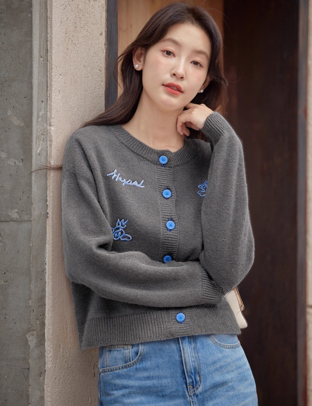 Embroidery gray coat knitted Korean style sweater for women
