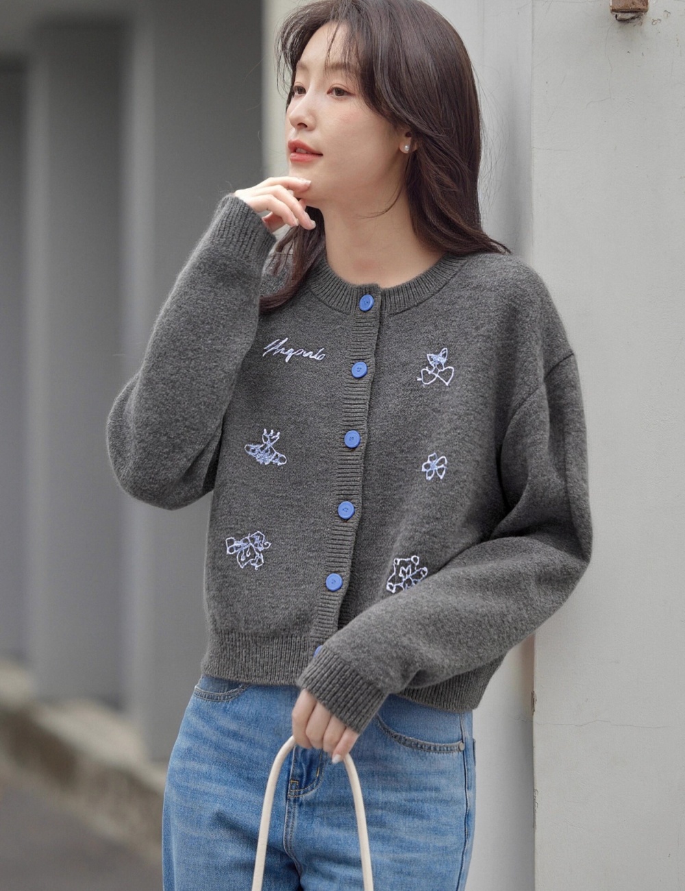 Embroidery gray coat knitted Korean style sweater for women