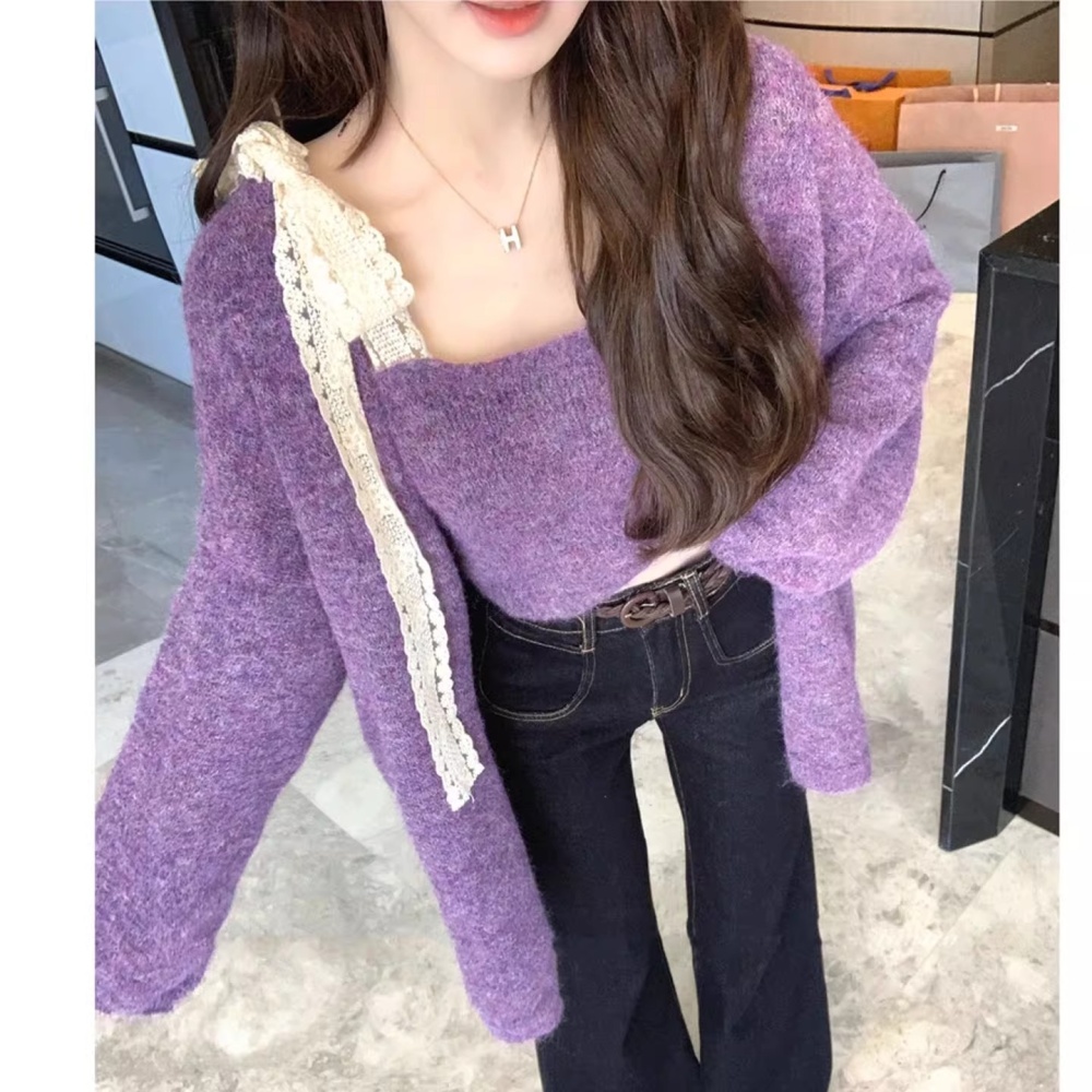 Purple chanelstyle vest knitted cardigan 2pcs set