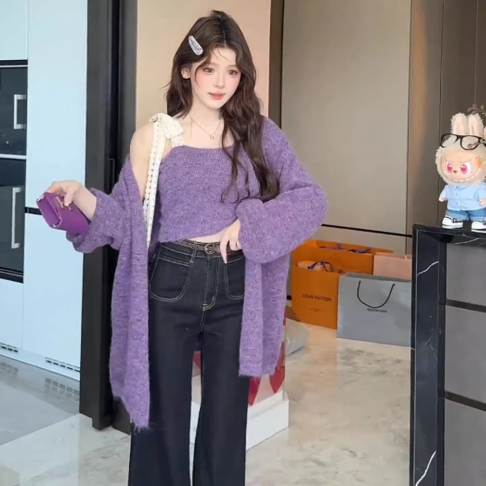 Purple chanelstyle vest knitted cardigan 2pcs set