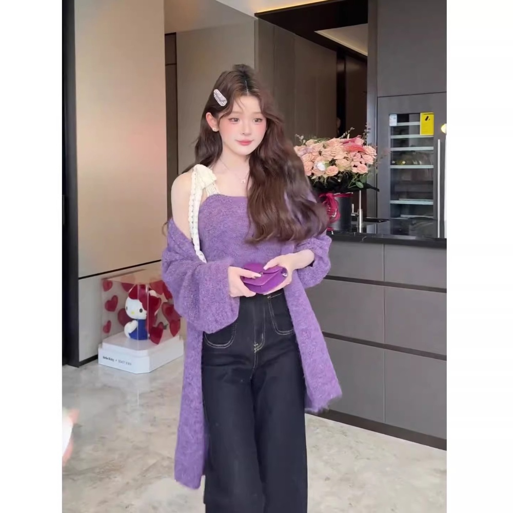 Purple chanelstyle vest knitted cardigan 2pcs set