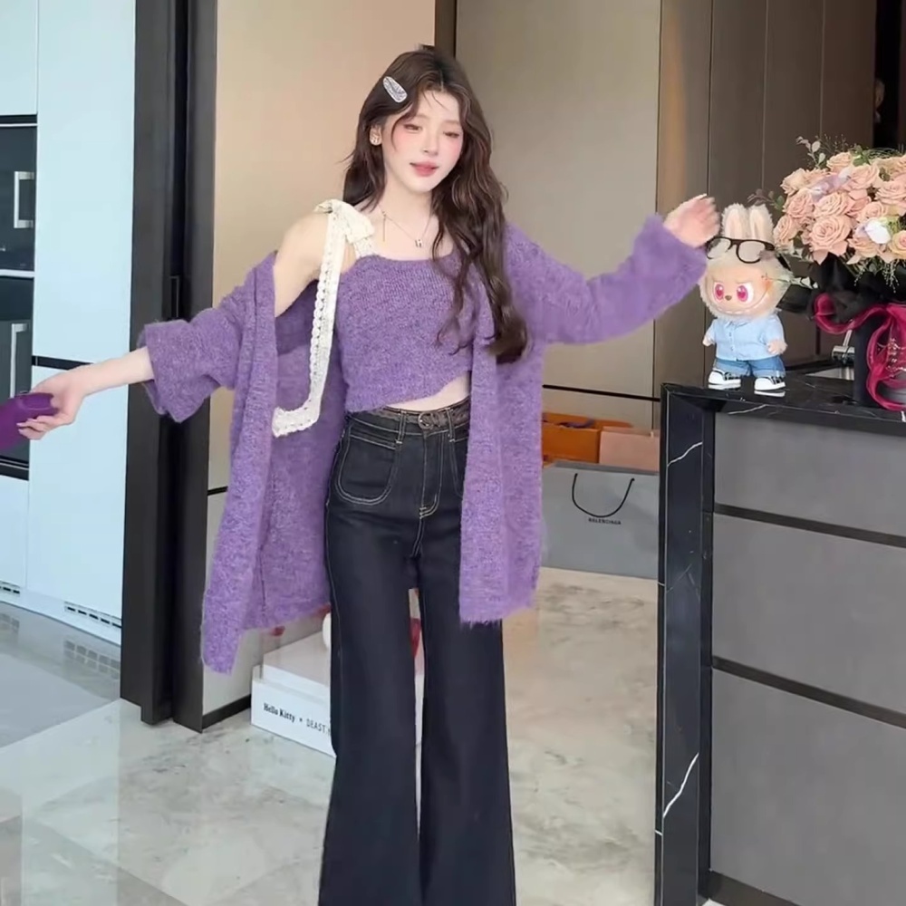 Purple chanelstyle vest knitted cardigan 2pcs set