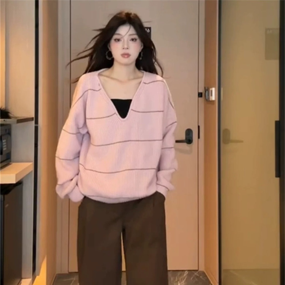 Loose slim all-match sweater pink knitted tops for women