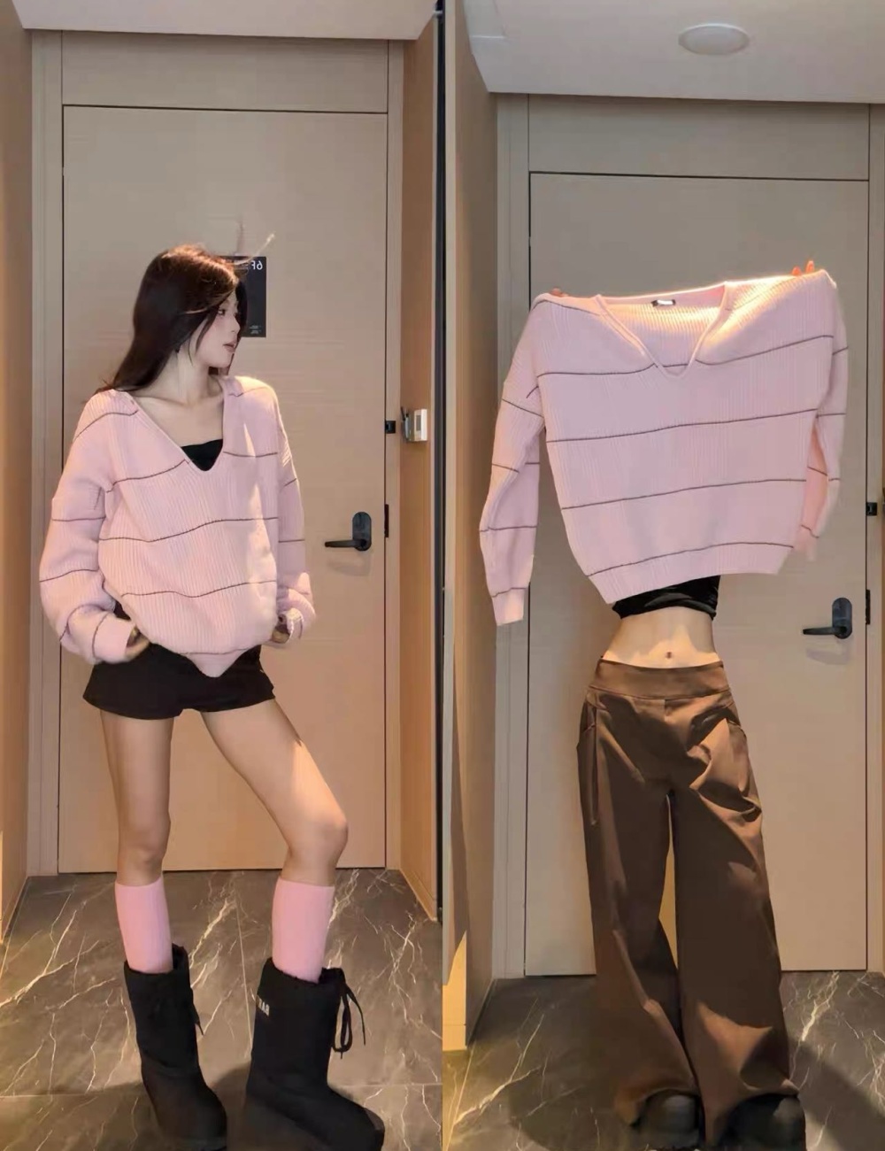 Loose slim all-match sweater pink knitted tops for women