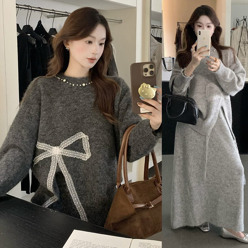 Beading autumn sweater loose slit skirt a set