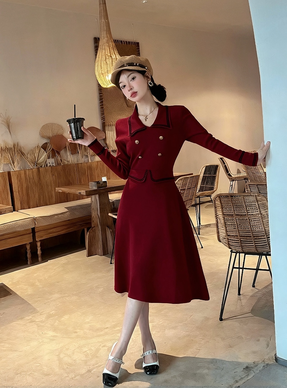 Pinched waist slim Pseudo-two bottoming dress for women