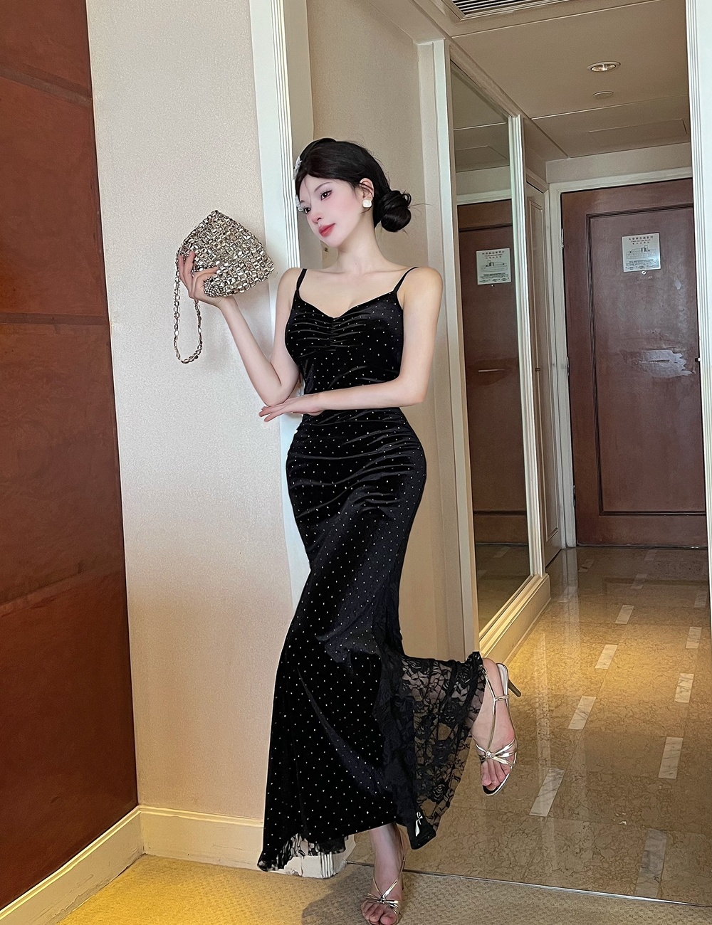 Golden velvet formal dress mermaid dress for women