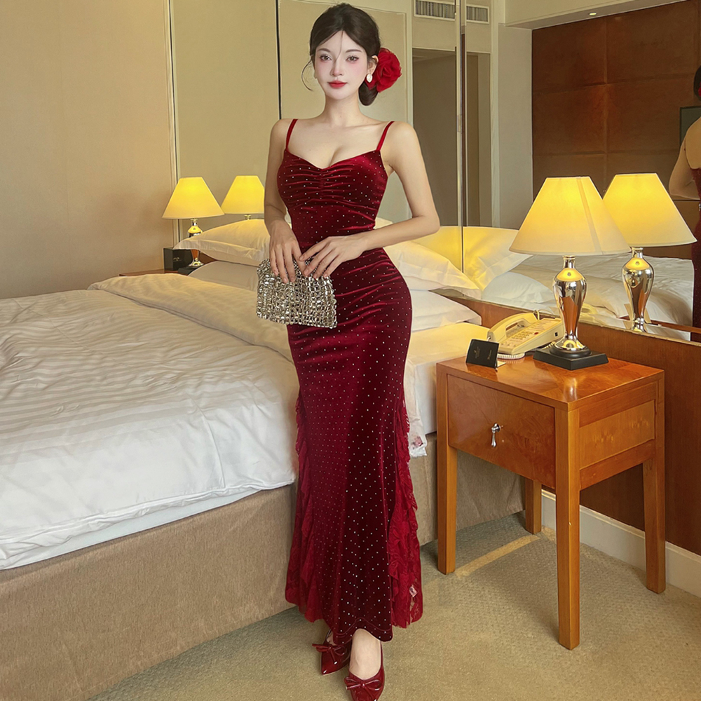 Golden velvet formal dress mermaid dress for women