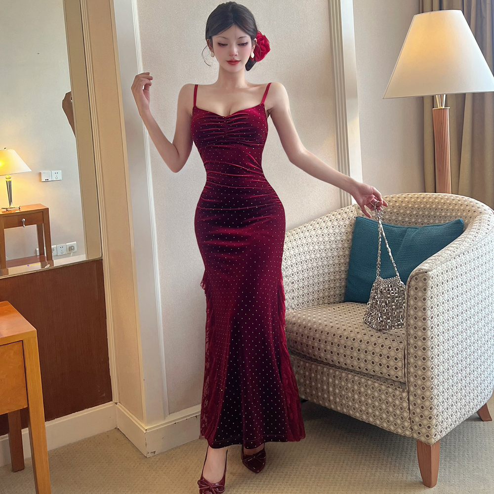 Golden velvet formal dress mermaid dress for women