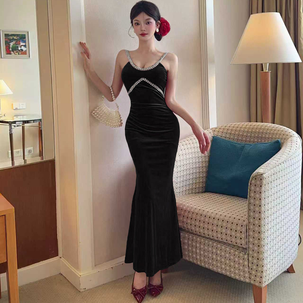 Sexy slim rhinestone long dress fashion V-neck evening dress