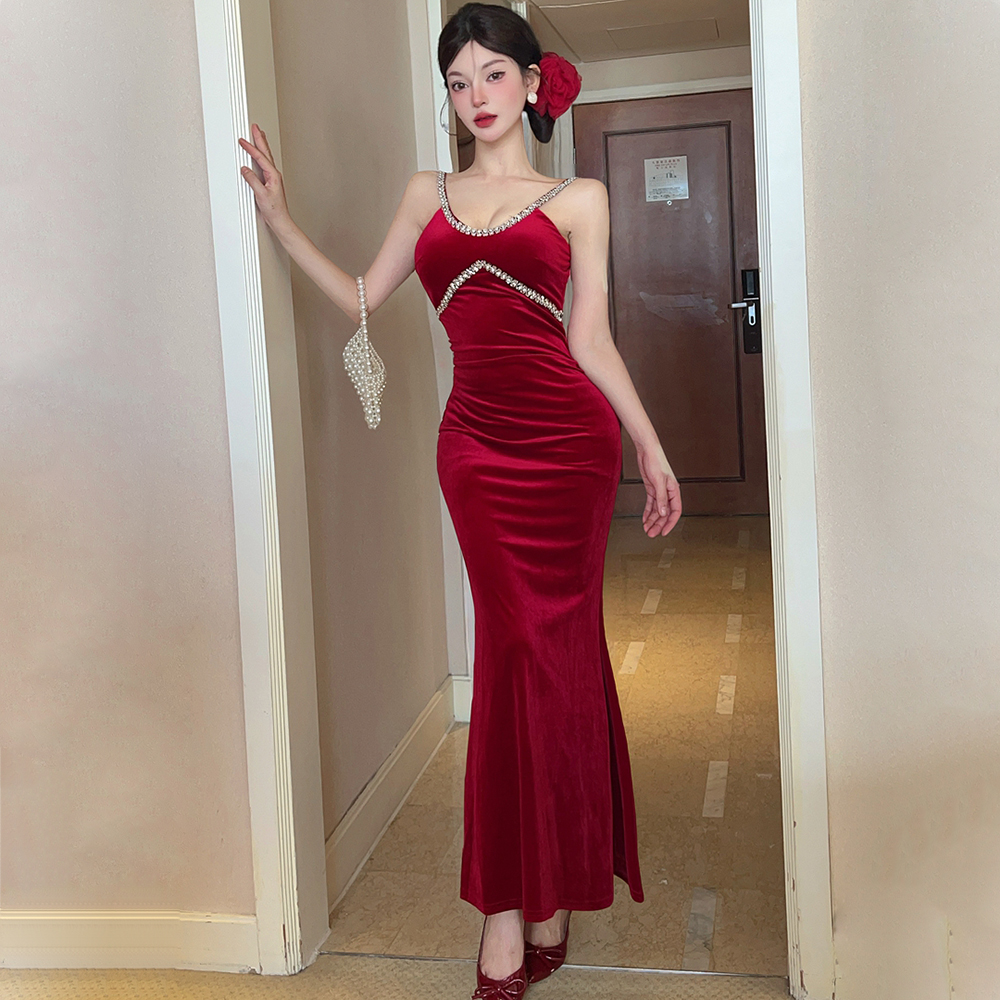 Sexy slim rhinestone long dress fashion V-neck evening dress
