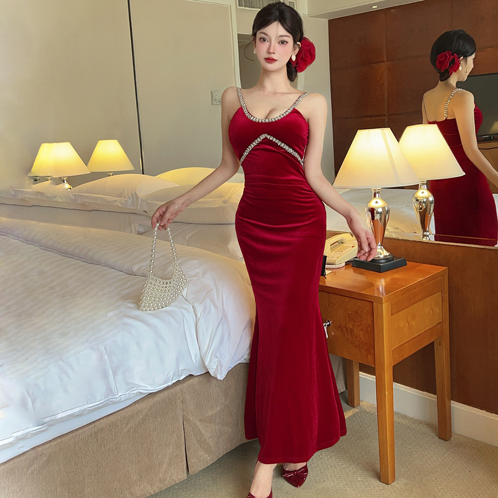 Sexy slim rhinestone long dress fashion V-neck evening dress