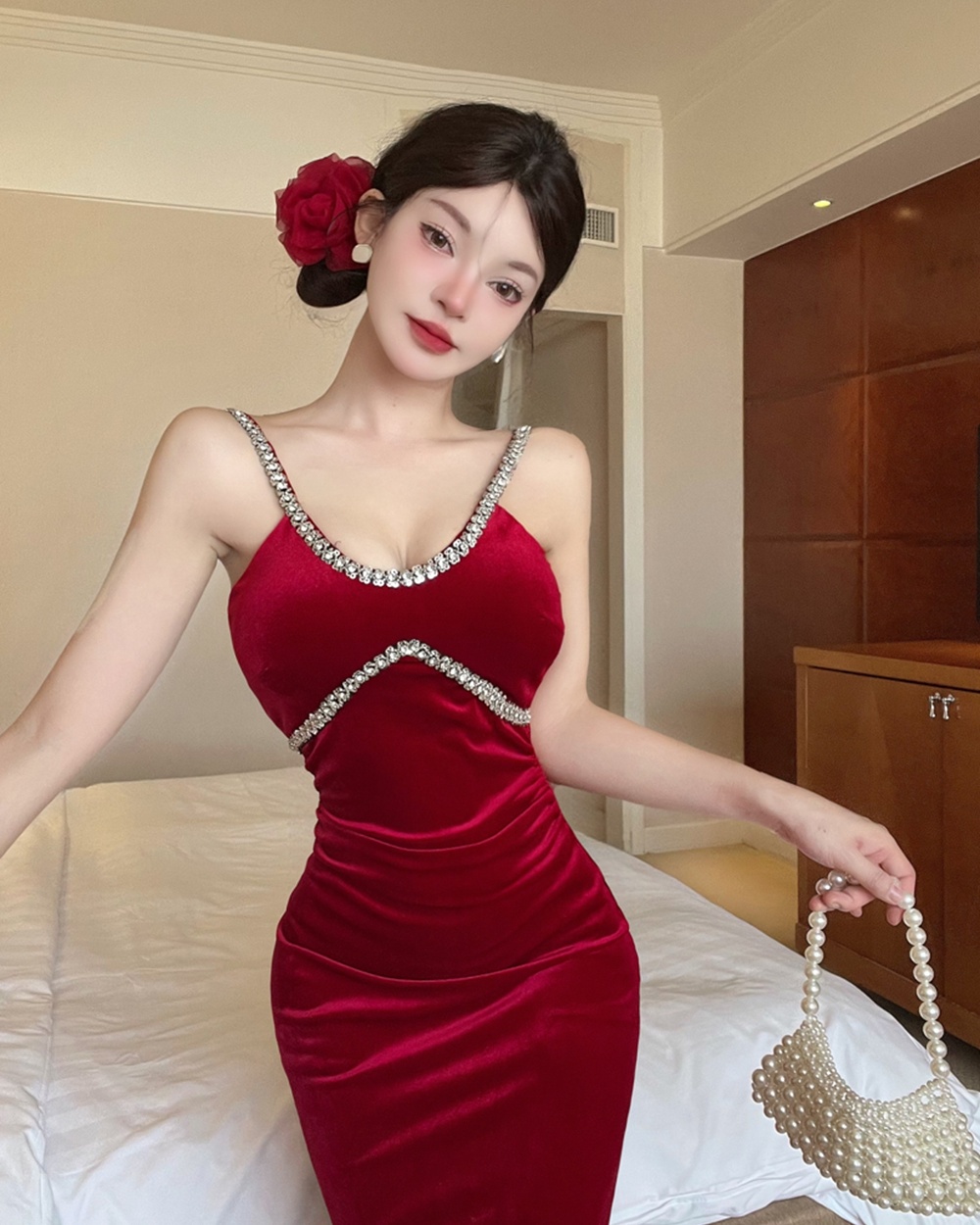 Sexy slim rhinestone long dress fashion V-neck evening dress