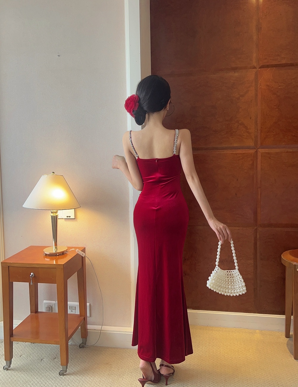 Sexy slim rhinestone long dress fashion V-neck evening dress