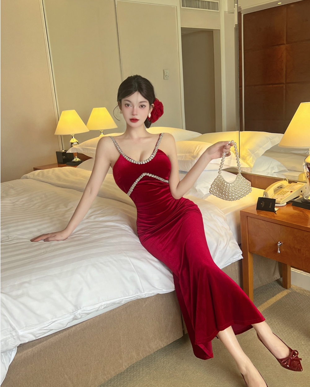 Sexy slim rhinestone long dress fashion V-neck evening dress