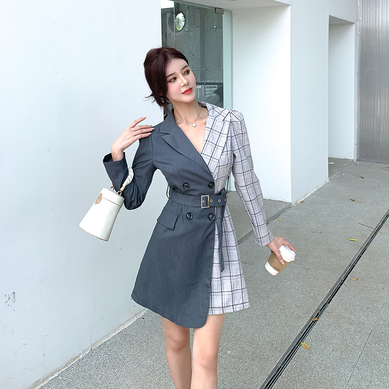 Plaid temperament business suit long autumn skirt