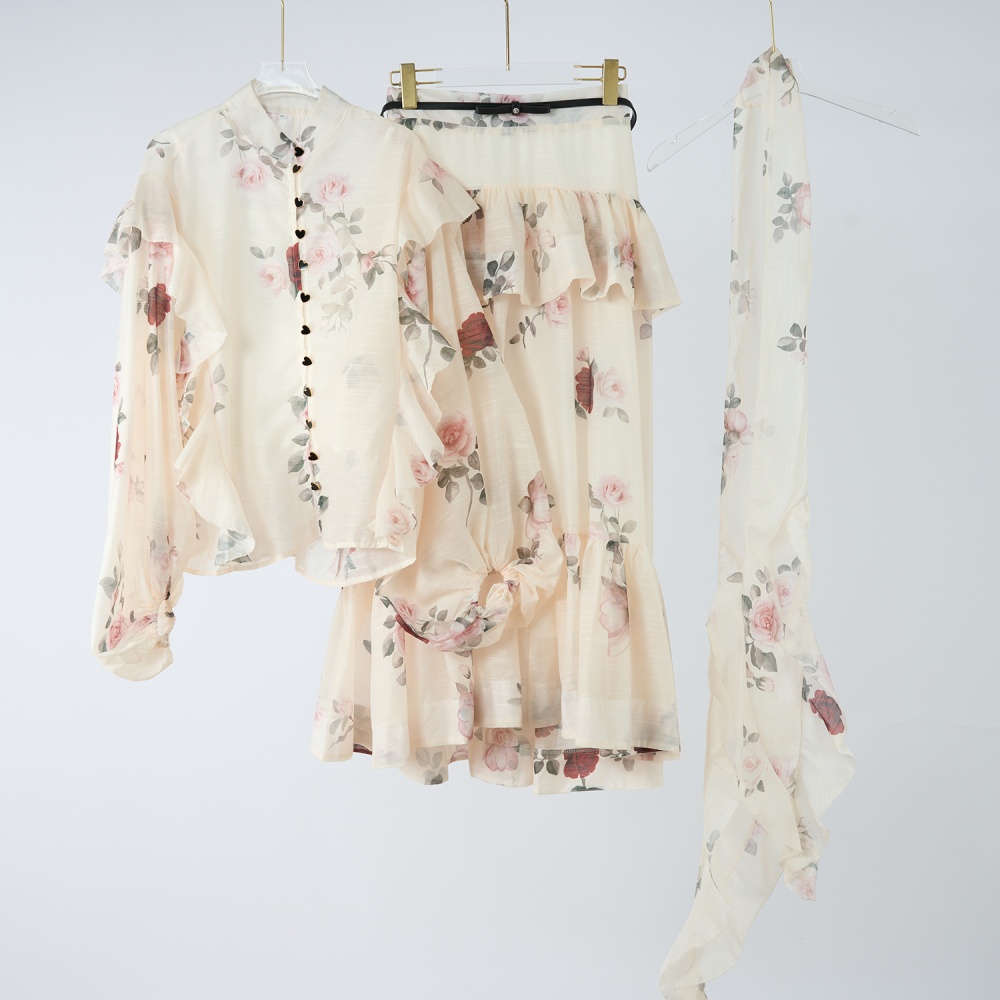 Flowers elastic waist belt pattern tops 3pcs set
