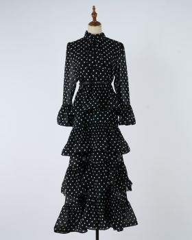 Long autumn polka dot laminated skirt hem dress
