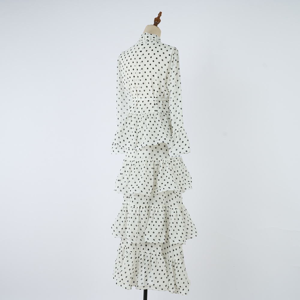 Long autumn polka dot laminated skirt hem dress
