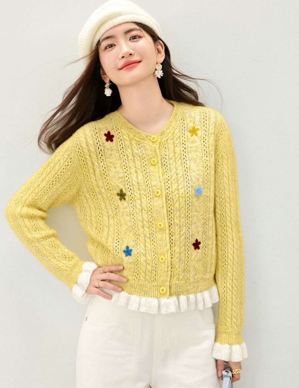 Mixed colors flowers cardigan knitted tops for women