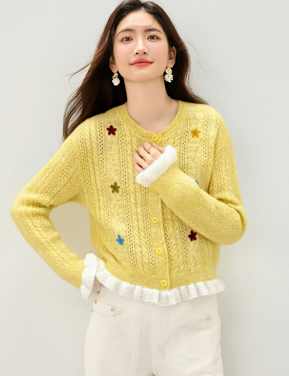 Mixed colors flowers cardigan knitted tops for women