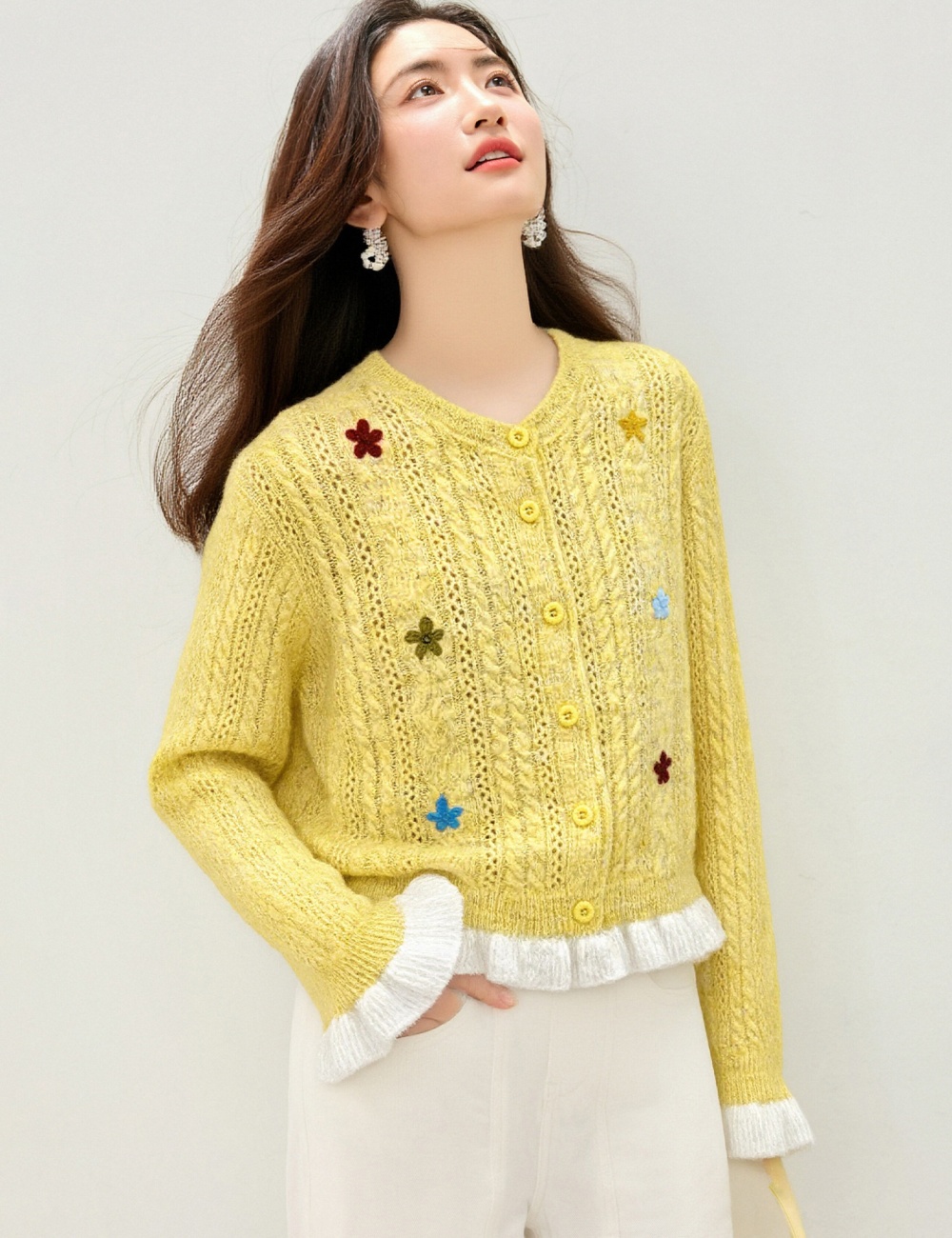 Mixed colors flowers cardigan knitted tops for women