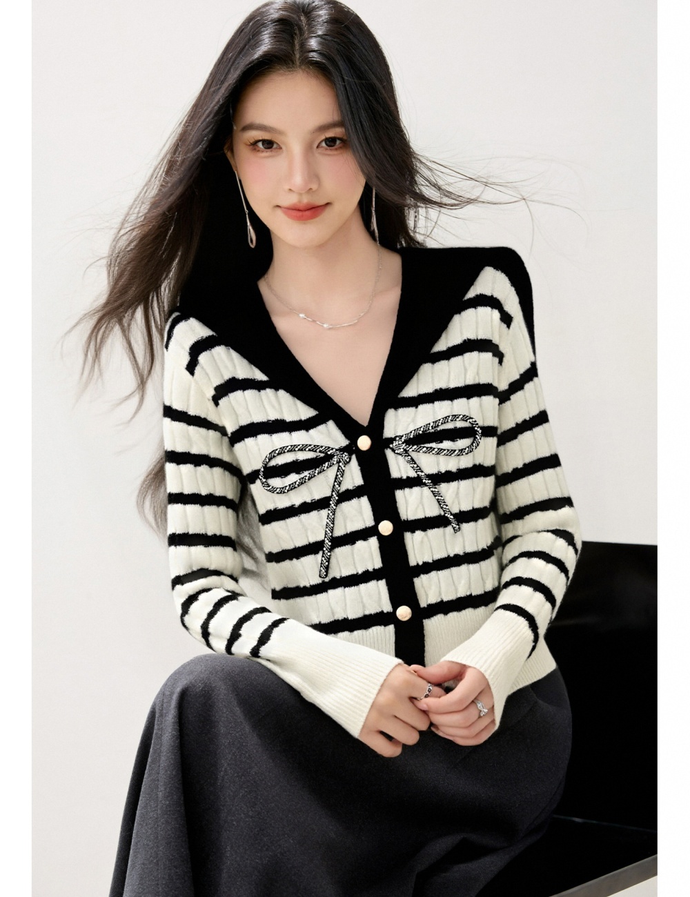 Mixed colors cardigan navy collar sweater for women