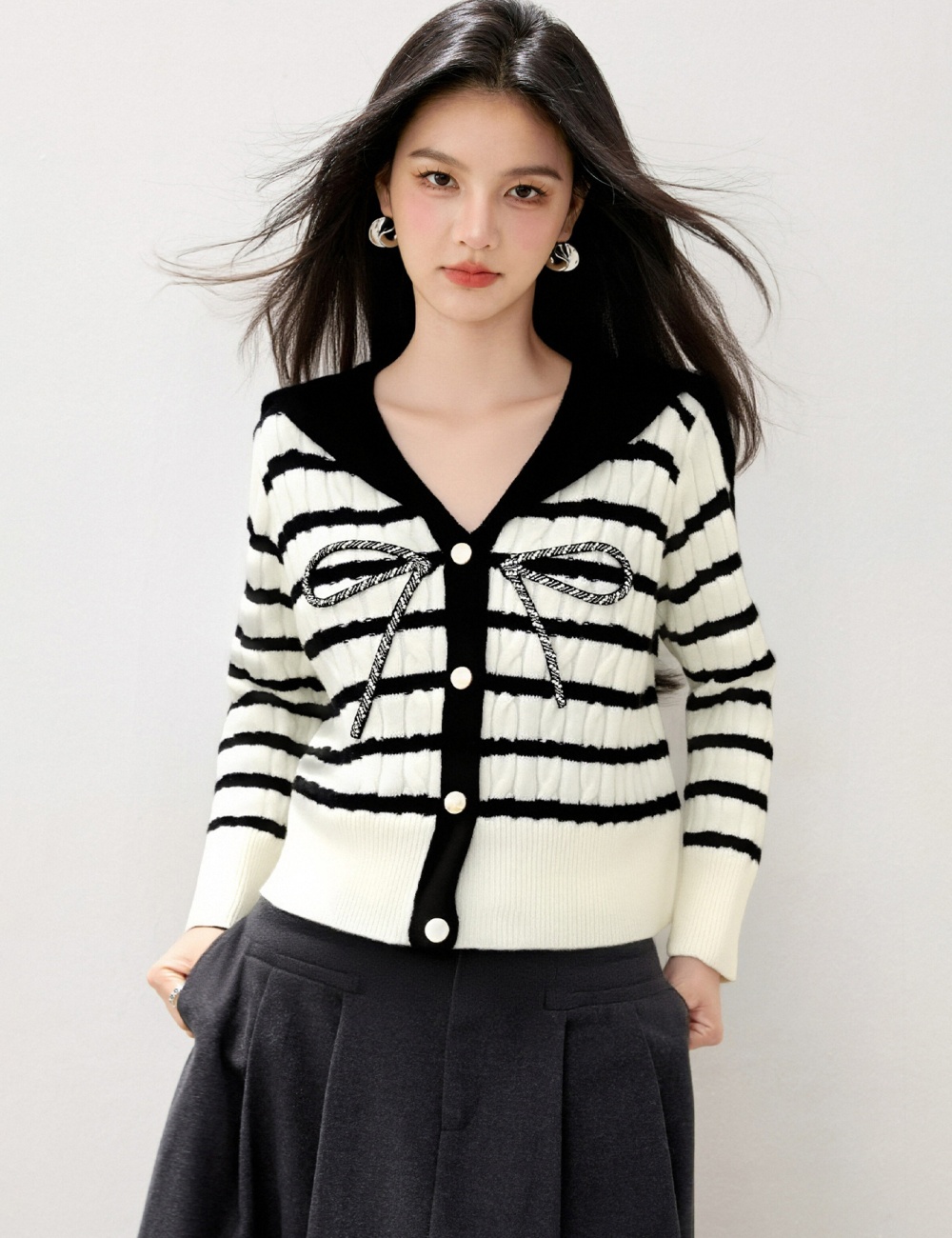 Mixed colors cardigan navy collar sweater for women