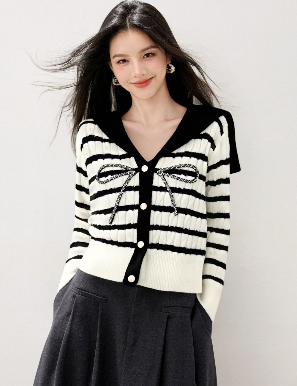 Mixed colors cardigan navy collar sweater for women