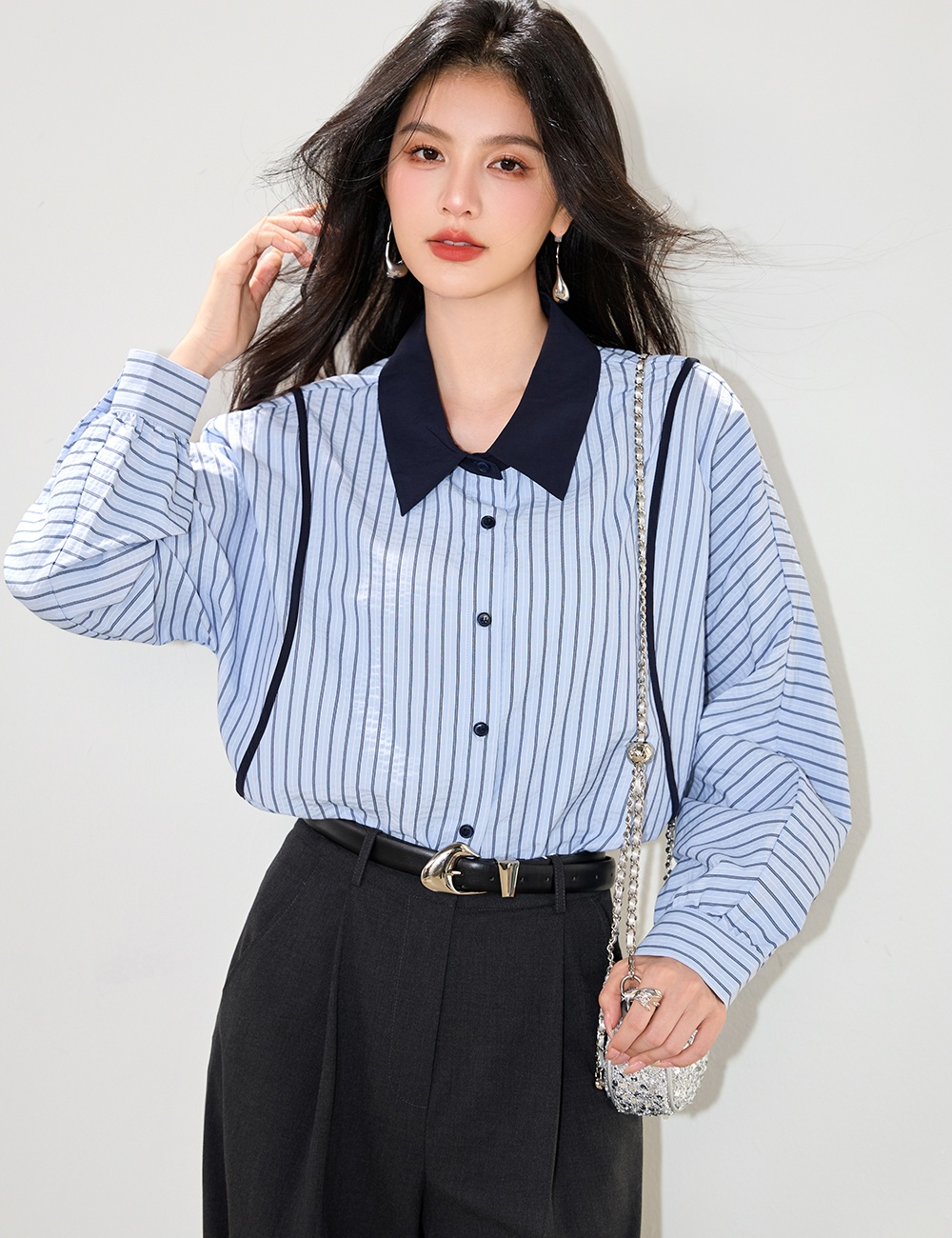 Autumn Casual splice tops all-match stripe fashion shirt
