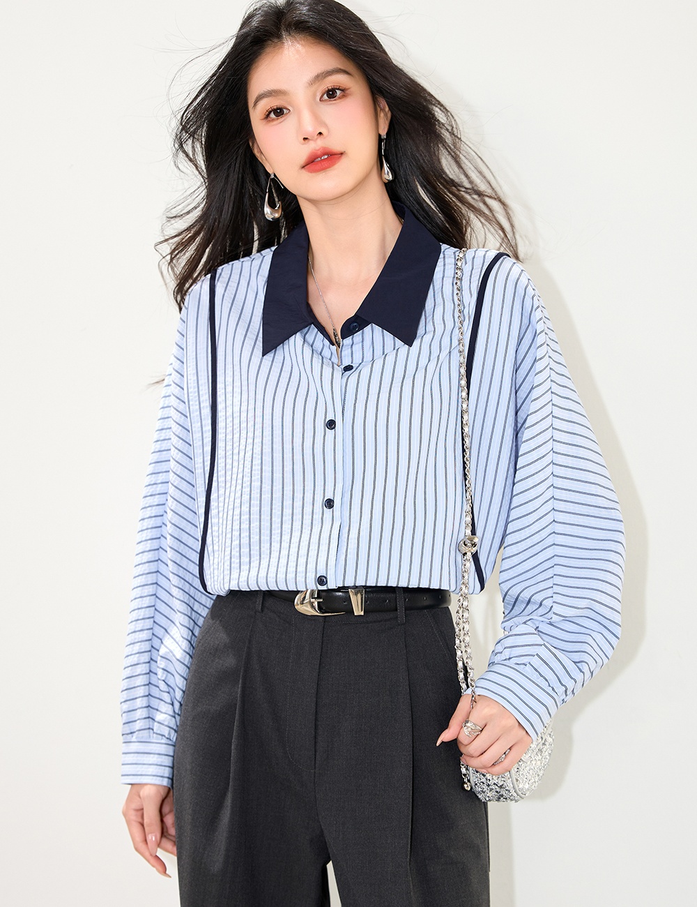 Autumn Casual splice tops all-match stripe fashion shirt