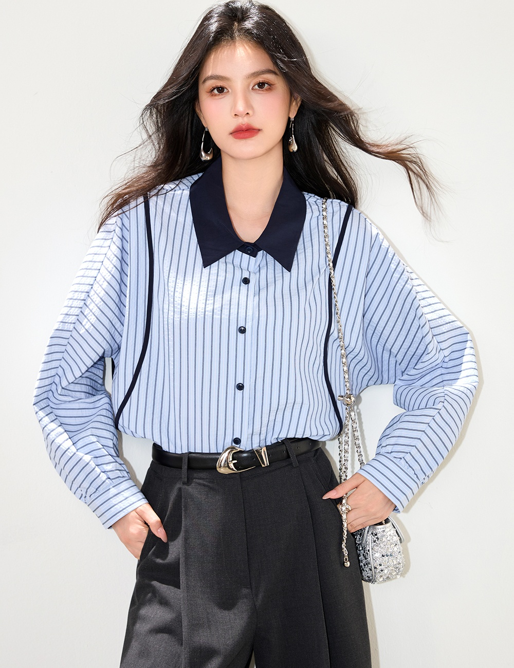 Autumn Casual splice tops all-match stripe fashion shirt