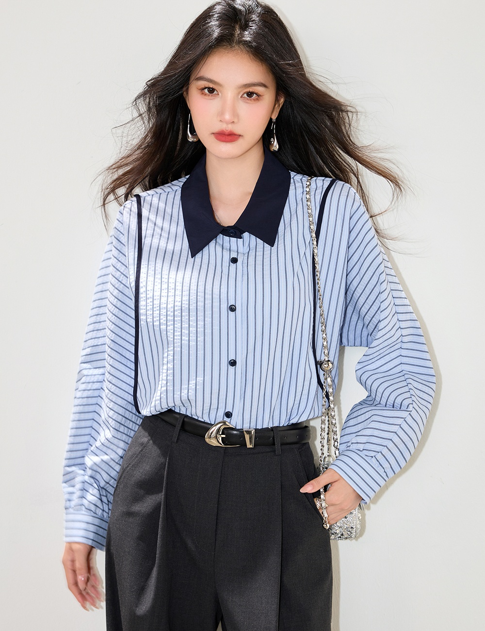 Autumn Casual splice tops all-match stripe fashion shirt