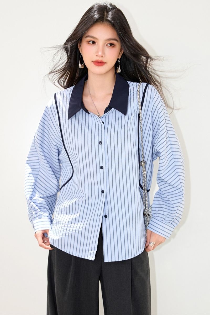 Autumn Casual splice tops all-match stripe fashion shirt