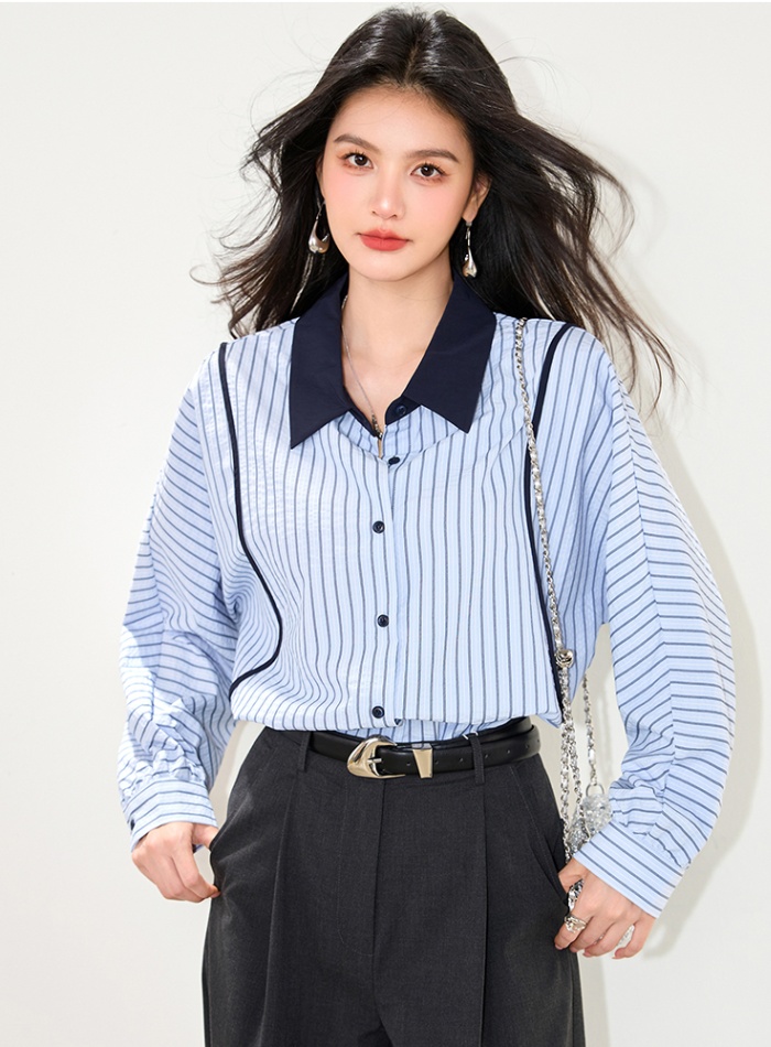 Autumn Casual splice tops all-match stripe fashion shirt