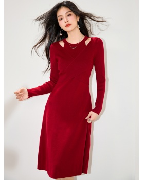 Red long sleeve hollow dress slim halter long sweater