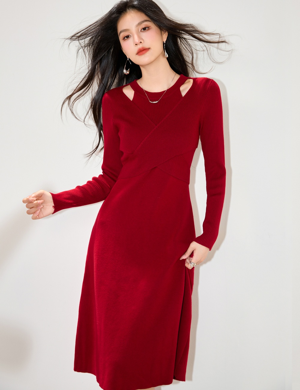 Red long sleeve hollow dress slim halter long sweater