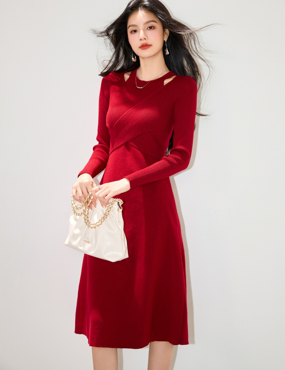 Red long sleeve hollow dress slim halter long sweater