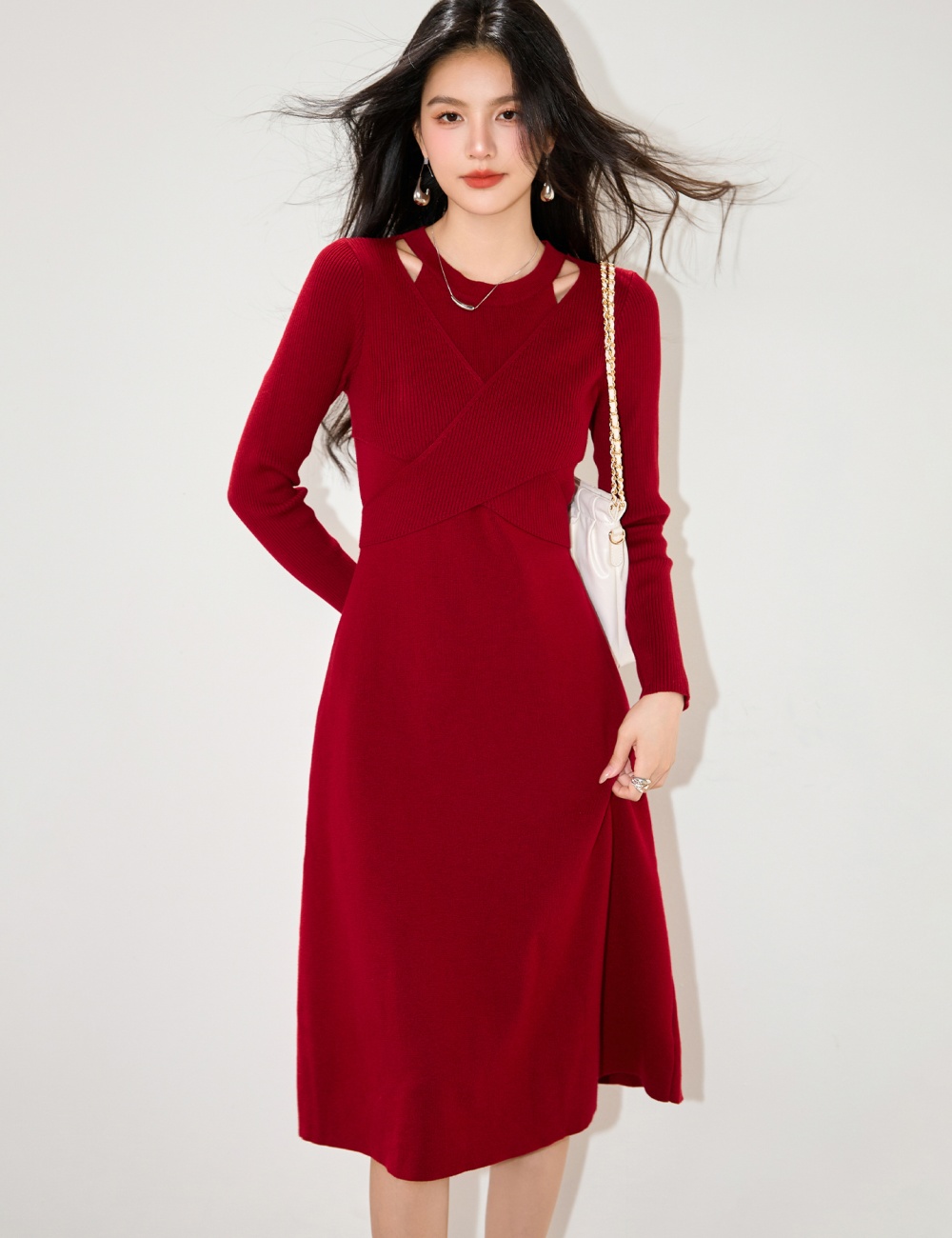 Red long sleeve hollow dress slim halter long sweater