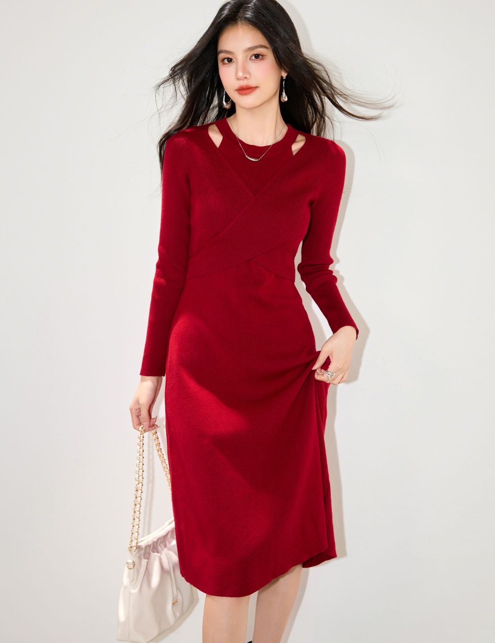 Red long sleeve hollow dress slim halter long sweater