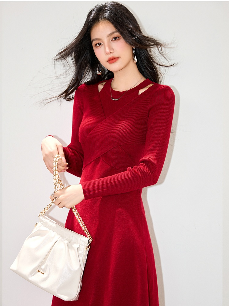 Red long sleeve hollow dress slim halter long sweater